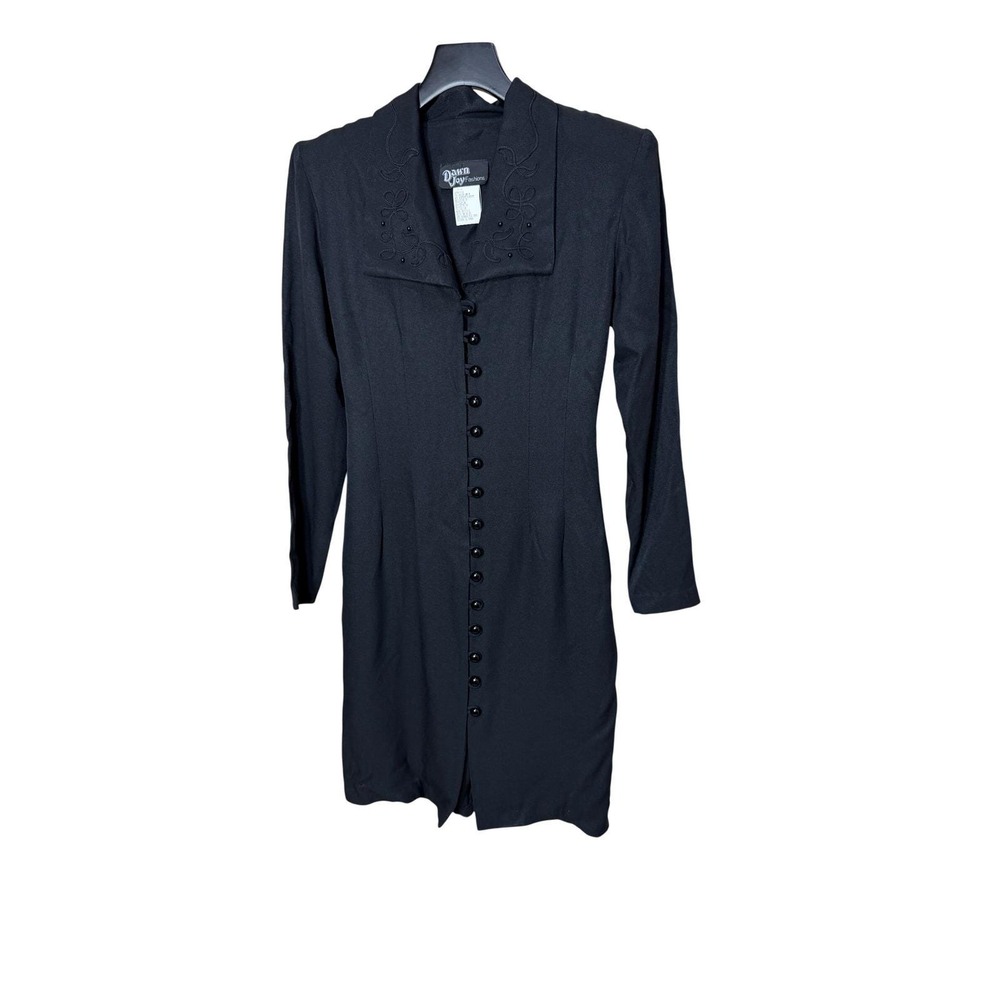 Dawn Joy Fashions Black Embroidered Button Front Sheath Dress 3/4